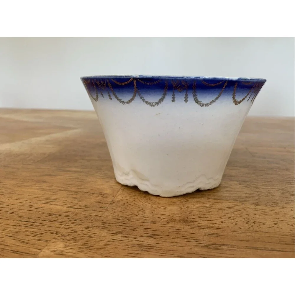 Vintage Antique Blue‎ Gold Trim Planter Bowl Japan? China Beautiful! Markings